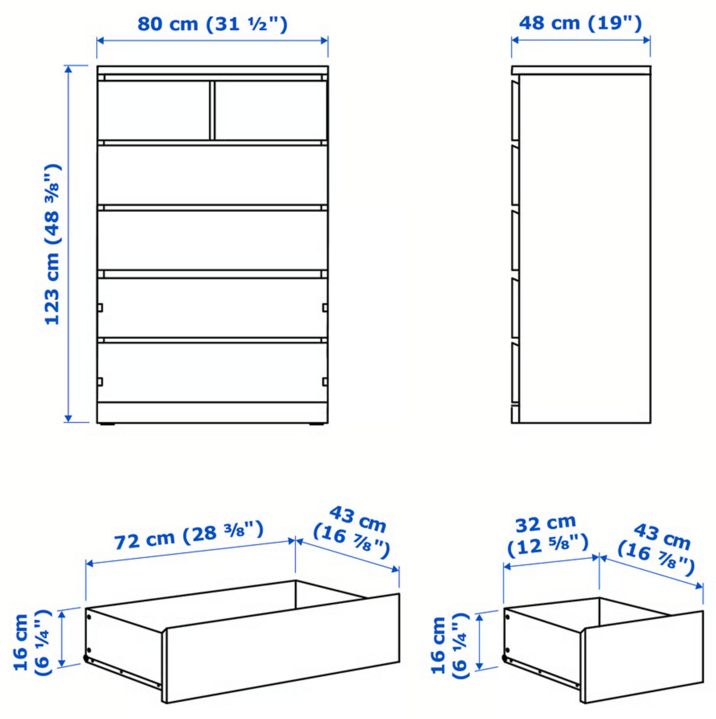 MALM chest of drawers (6) Tall 80x123